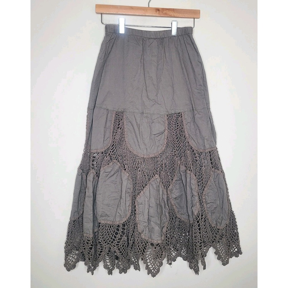 Karen Kane Boho Crochet Patchwork Maxi Skirt Gray Earthy Fairycore Peasant XS